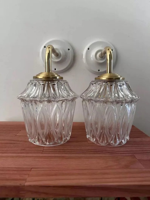 Pair Of Vintage Chiselled Glass Wall Sconces