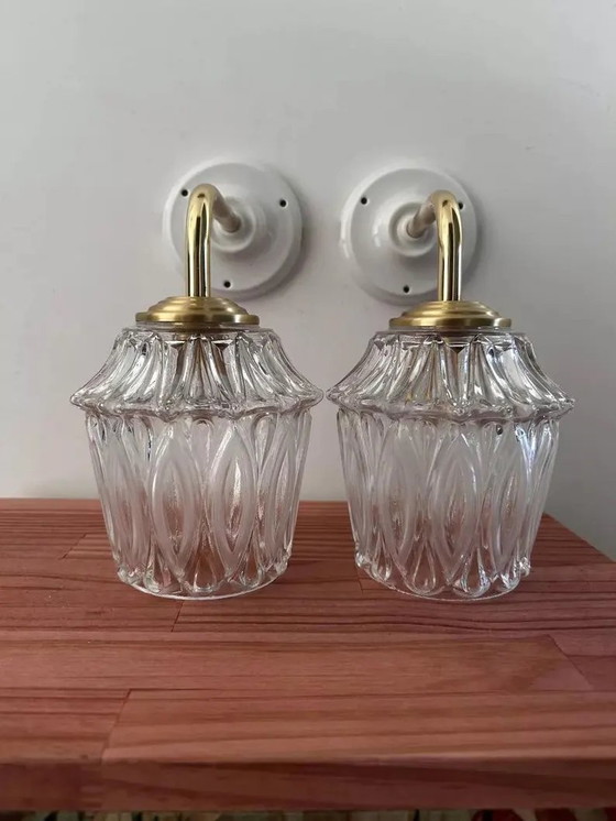 Image 1 of Pair Of Vintage Chiselled Glass Wall Sconces