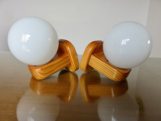 Image 1 of Pair of Scandinavian wall lights in pine and opaline glass, 1980s
