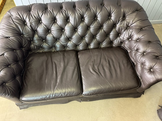 Divani Chesterfield in pelle 3+2+1 marrone scuro, Sofà (foto 8 di 9)