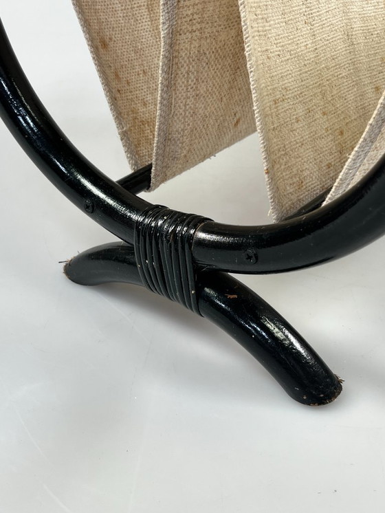 Image 1 of Leggio rotondo vintage / portariviste, rattan nero, anni '70