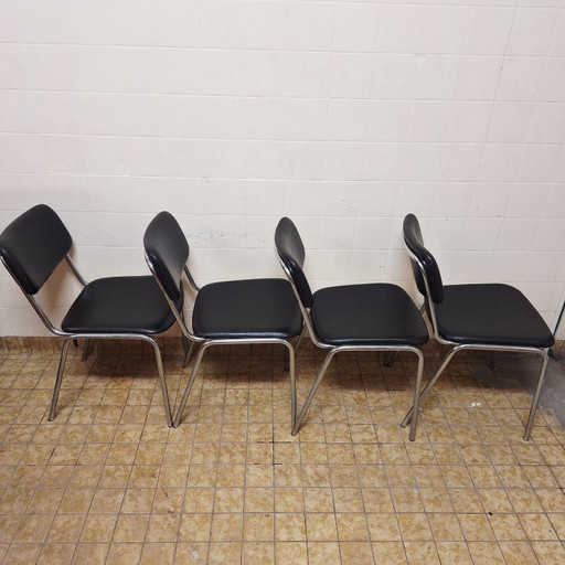 4 x Vintage / Retro Chairs / Black Leatherette and Chrome
