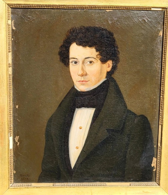 Image 1 of Antiek olieverfschilderij op doek uit de 19e eeuw, portret van een jonge man.
