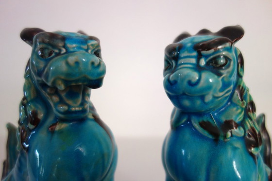 Image 1 of Pair of Japanese Komainu dogs in green and turquoise glaze ceramic, vintage