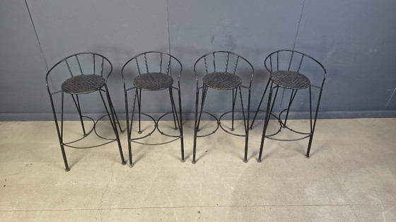 Image 1 of Tabourets de bar vintage en fer forgé et rotin, lot de 4 - années 1970