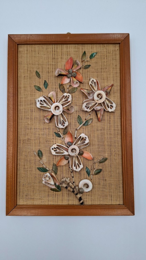 Dipinto di conchiglie d'epoca su tela di iuta