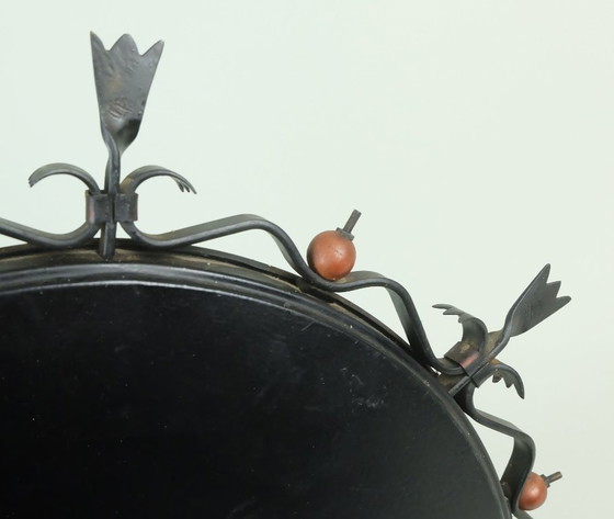 Image 1 of ronde mid century wandspiegel metalen lijst smeedijzer hout messing jaren 1950/60