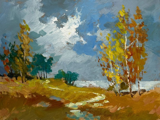 Image 1 of Original Oil Painting Autumn Nature Landscape Autumn trail with fallen leaves