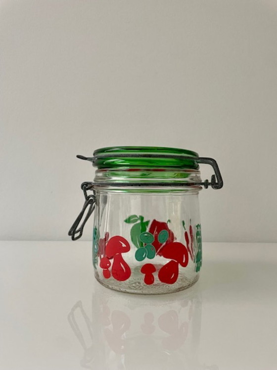 Image 1 of Bocal à conserve vintage en verre Carlton avec motif de légumes rétro