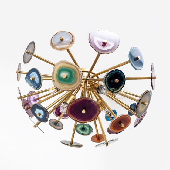 Image 1 of Plafonnier « Sputnik » de conception italienne avec sections en pierre d'agate et laiton