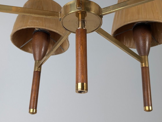Image 1 of Danish Five-Arm Chandelier in Wood and Brass, 1950s
