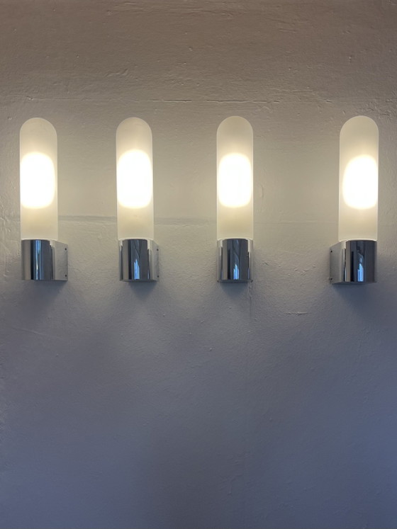 Image 1 of 4x Original "Glashütte Limburg 1970s" wall light opal glass chrome Germany!!
