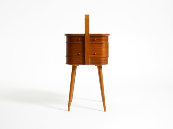 Image 1 of Beautiful original Mid Century teak sewing box with hinged compartments