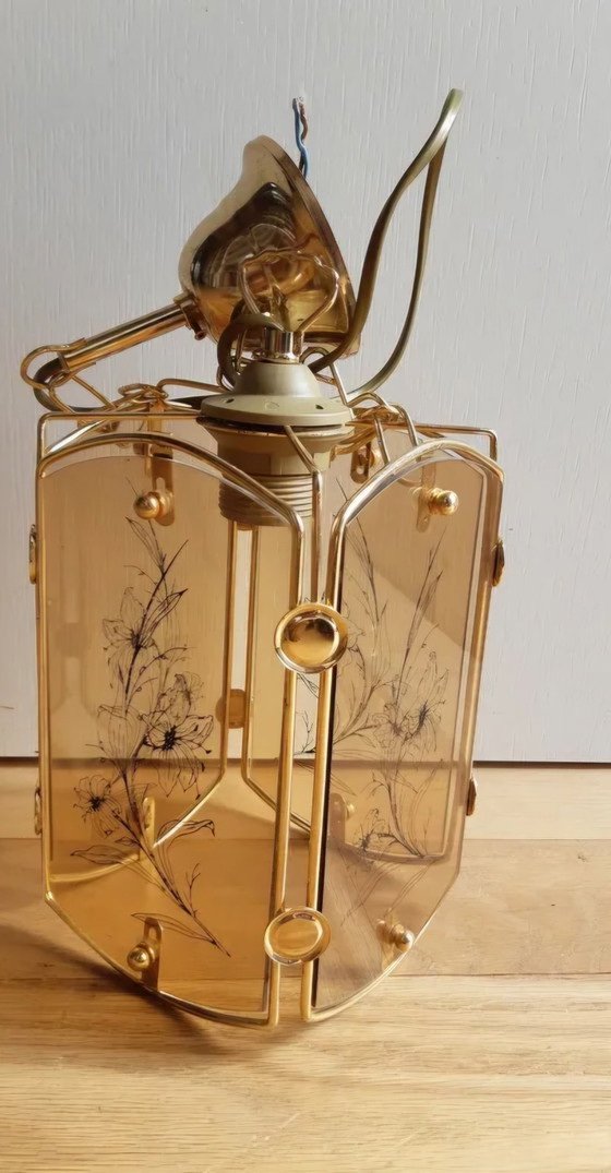 Image 1 of Prachtige Vintage Glas en Goud Metalen Hanglamp
