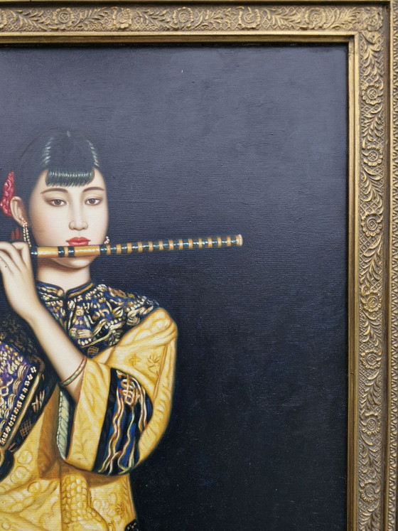 Donna cinese che suona il flauto di bambù, Dipinti e disegni, Tela, Nero (foto 9 di 15)