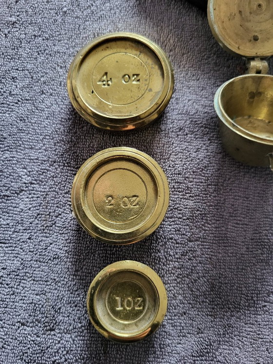 Image 1 of English letter scale with stack weights and a set of cup weights