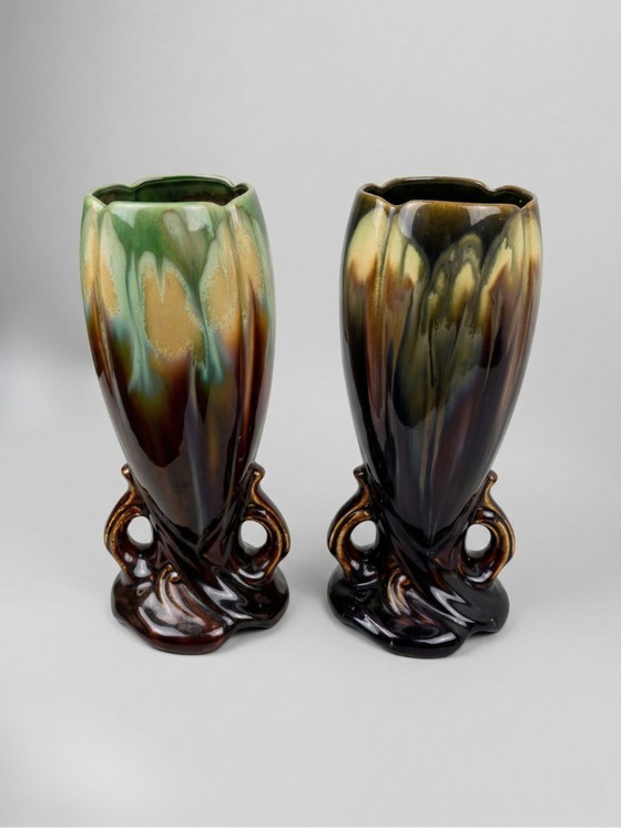 Image 1 of Paar Art-Deco-/Mid-Century-Vasen – Belgisches Steingut (Thulin zugeschrieben) – Engobenglasur – 28 cm