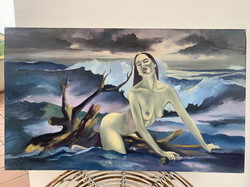Large Vintage Canvas 60x100 - Artistic Nude Woman in the Waves - Oil Painting on Canvas 1980 with Autograph Dedication on the Ba