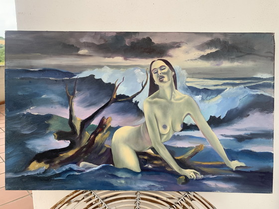 Image 1 of Large Vintage Canvas 60x100 - Artistic Nude Woman in the Waves - Oil Painting on Canvas 1980 with Autograph Dedication on the Ba