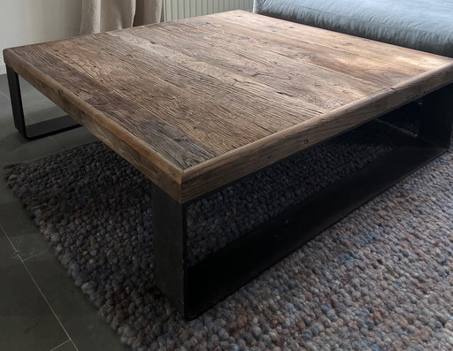 Large Coffee Table Oak With Cast Iron Base, Hoffz