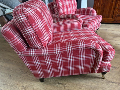 2 englische Sessel mit Rollen, rot kariert – fauteuils, Textile, Wood