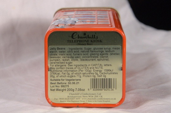 Metal money box in the shape of an English telephone box, formerly a Churchill's Jelly Beans candy tin, (photo 5 of 6)