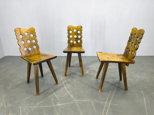 Set of 3 Brutalist Wooden Chairs, Czechoslovakia, 1950s
