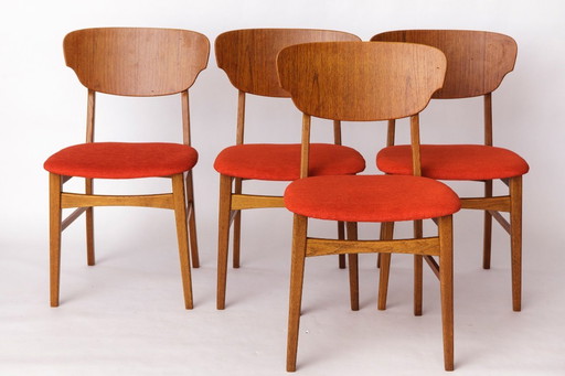 Set of 4 Danish Dining Chairs – Teak & Oak, 1960s, Red-Orange Upholstery