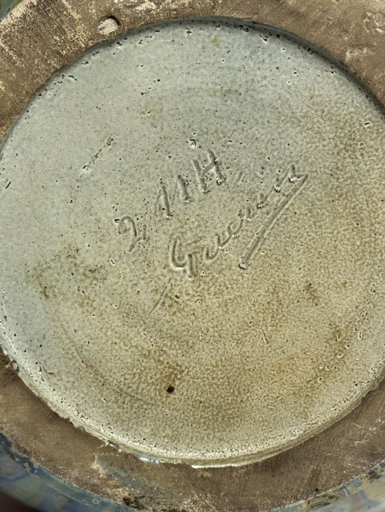 Image 1 of Large Exquisite Early Mid-Century Salt Glaze Stoneware Vase Signed by Guerin with small Neck, 1930s.