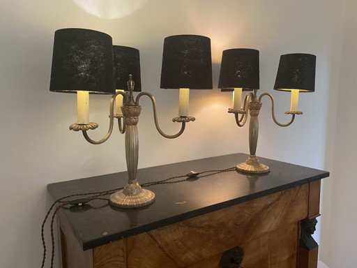 Art Deco pair of three-armed table lamps, 1930s