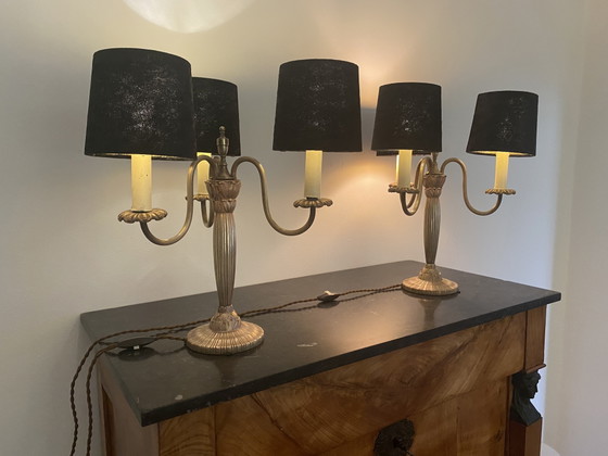Image 1 of Art Deco pair of three-armed table lamps, 1930s