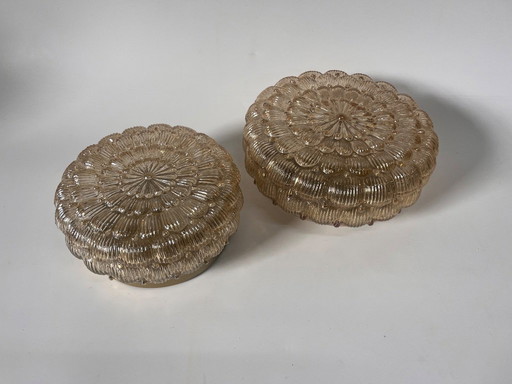 Mid - Century wall lamp or ceiling lamp amber flower shape glass