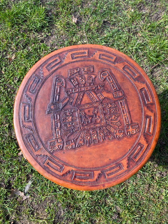 Image 1 of Vintage leather top table Aztec / Mayan equipale style
