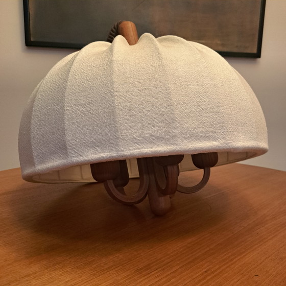 DOMUS 1970s Teak 5-Arm Pendant Lamp – Original Fabric Shade – Mid Century, Very Good Condition (photo 4 of 12)