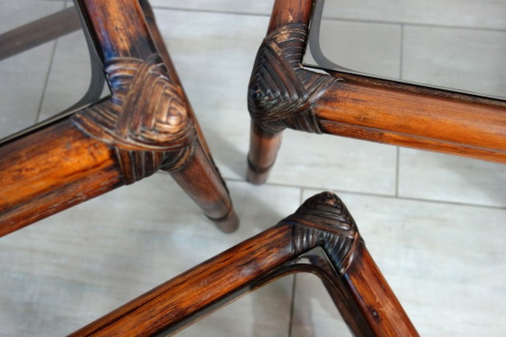 3 Vintage Bamboo and Smoked Glass Nesting Tables, 1960s – Side tables, Rattan (photo 15 of 16)