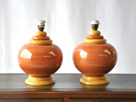 Image 1 of Orangefarbene französische Tischlampen aus Keramik von Kostka