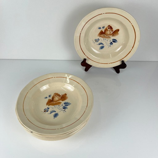 Set van 6 Sarreguemines soepborden met bloemmotief, eerste helft van de 20e eeuw. – servies, Ceramic, Vintage (photo 2 of 14)