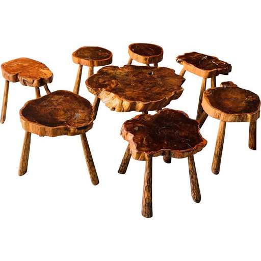Ensemble de 7 tabourets en bois vintage avec table basse
