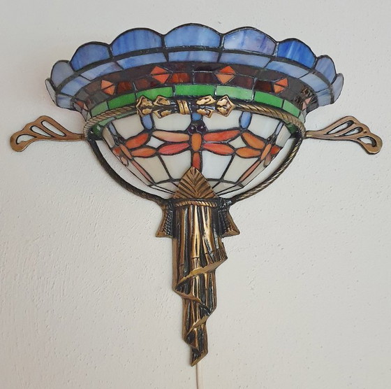 Image 1 of Unieke oude tiffany / glas in lood wandlamp met Dragonfly's