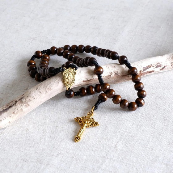 Image 1 of Exclusive Wood Beads, Marian Medal Centre, Durable Handmade Devotional, Catholic Gift