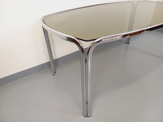 Image 1 of Incurved Rectangular Dining Table in Smoked Glass and Chrome Metal 70's Space Age Style