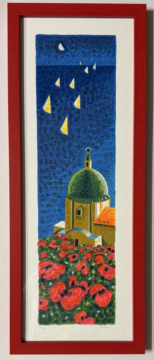 Mimmo Sciarrano zeefdruk, 25x70cm, Zonnebloemen in Positano, ingelijst – lithos zeefdrukken, Paper, Wood