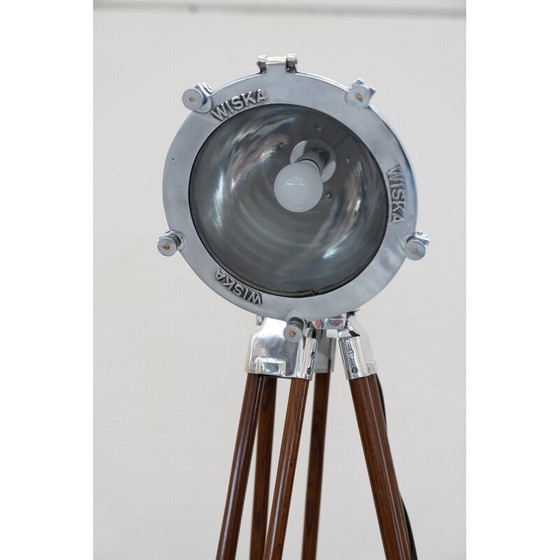 Image 1 of Pair of vintage tripod floor lamps in anodized aluminum and cherry wood, Italy 1989