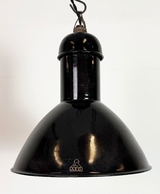 Image 1 of Black Enamel Industrial Pendant Lamp from AEG, 1930s