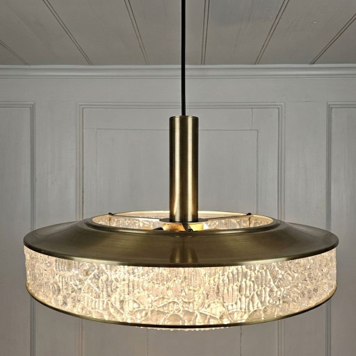 Suspension Vintage Herda Mid-Century avec verre cristal de glace Années 70