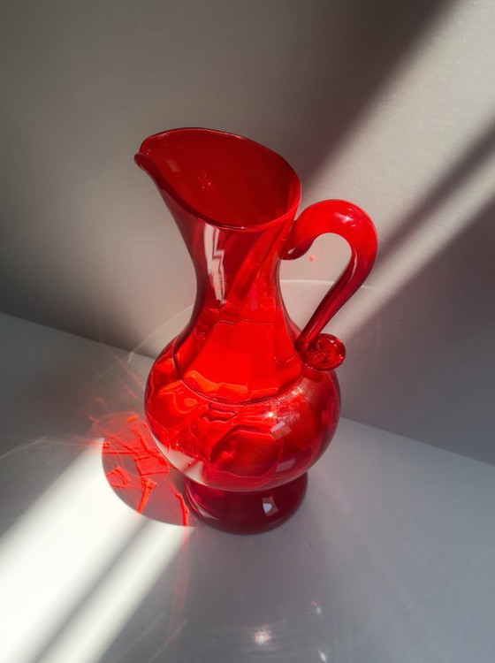 Image 1 of Polish Glass Carafe Ruby Glass Mid Century Szkła Ząbkowice Sodium Glass Ludwik Fiedorowicz 80s 70s Orange Red