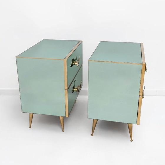 Pair Of Mid-Century Aqua Green Mirrored Glass Nightstands With Brass Fish Handle (photo 9 of 9)