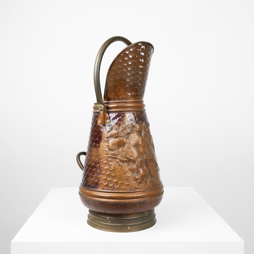 Copper Umbrella Stand With Hammered Relief Of A Medieval Bakery, France Ca. 1900