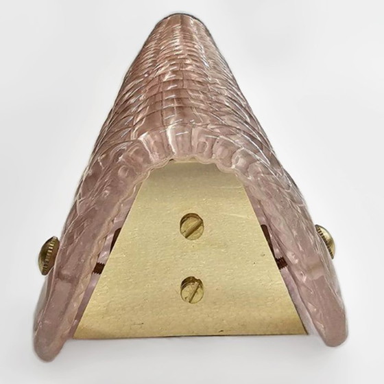 Image 1 of Coppia di applique da parete moderne in ottone italiano e vetro di Murano con texture rosa chiaro