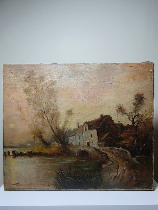 Large Painting Farm on Pond Antique 19th Century Signature Oil on Linen Canvas